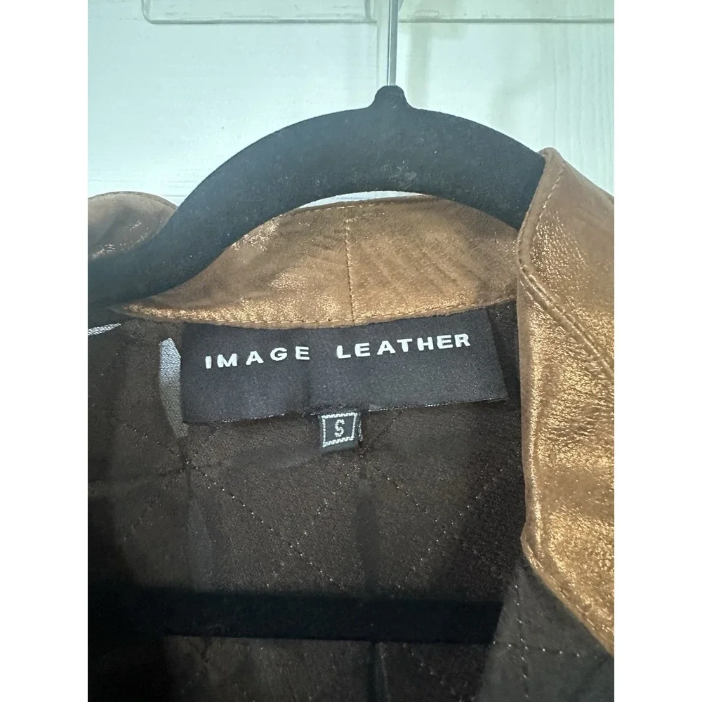 NWT Image Leather Women's Shiny Brown Laser Cut Leather Mesh Zip Up Jacket S
